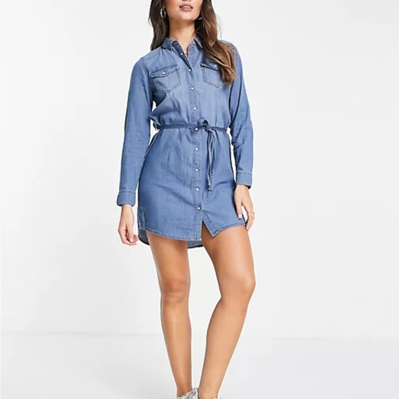 ASOS Denim Mini Dress With Belt in Midwash Blue Size 4 - Picture 12 of 12